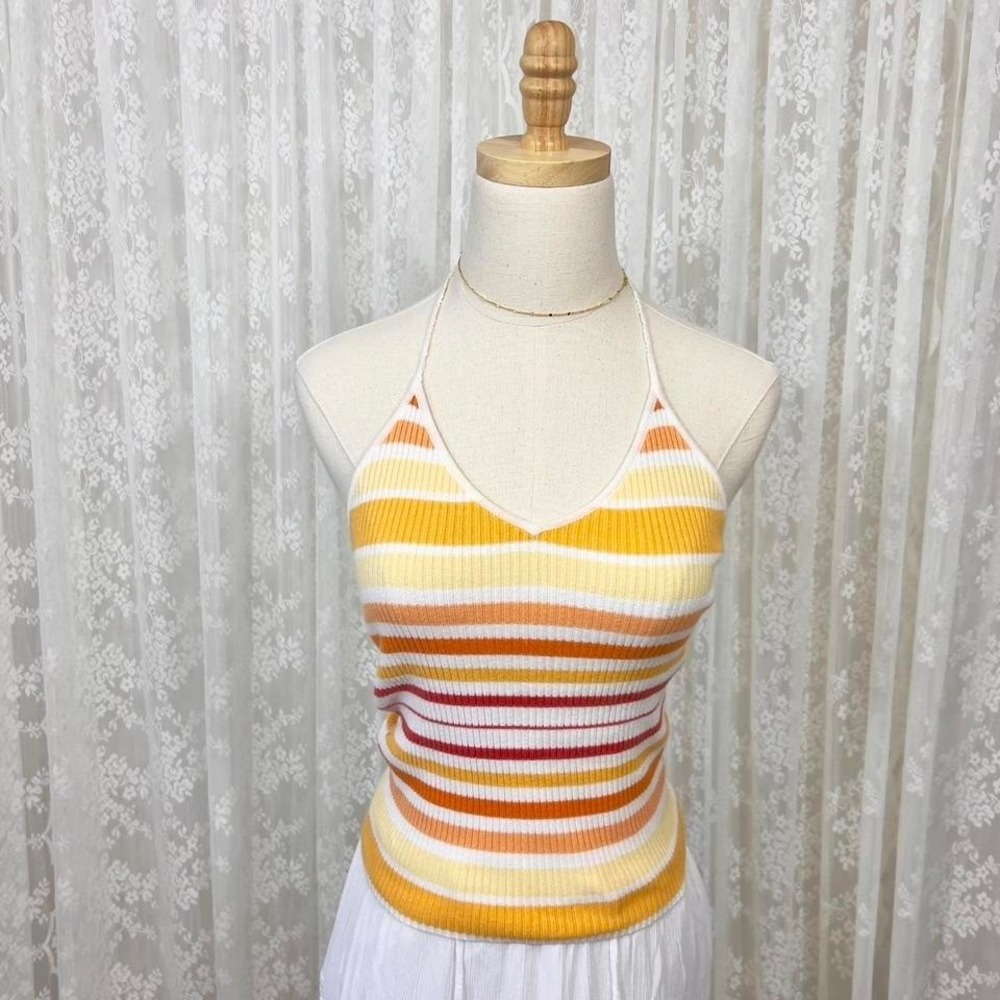 American Eagle Yellow Orange Striped Halter Tank Top‎ Women's M Ribbed Beachy
